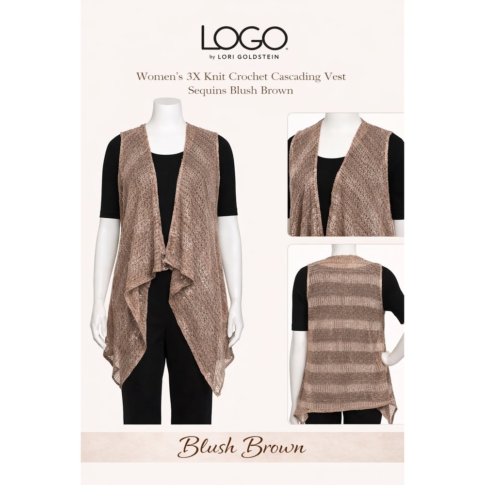 LOGO by Lori Goldstein Womens 3X Knit Crochet Cascading Vest Sequins Brown A2354